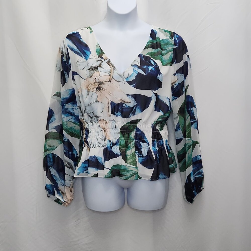 White House Black Market White Floral V-Neck Blouse with Blue and Green Print - Picture 3 of 10